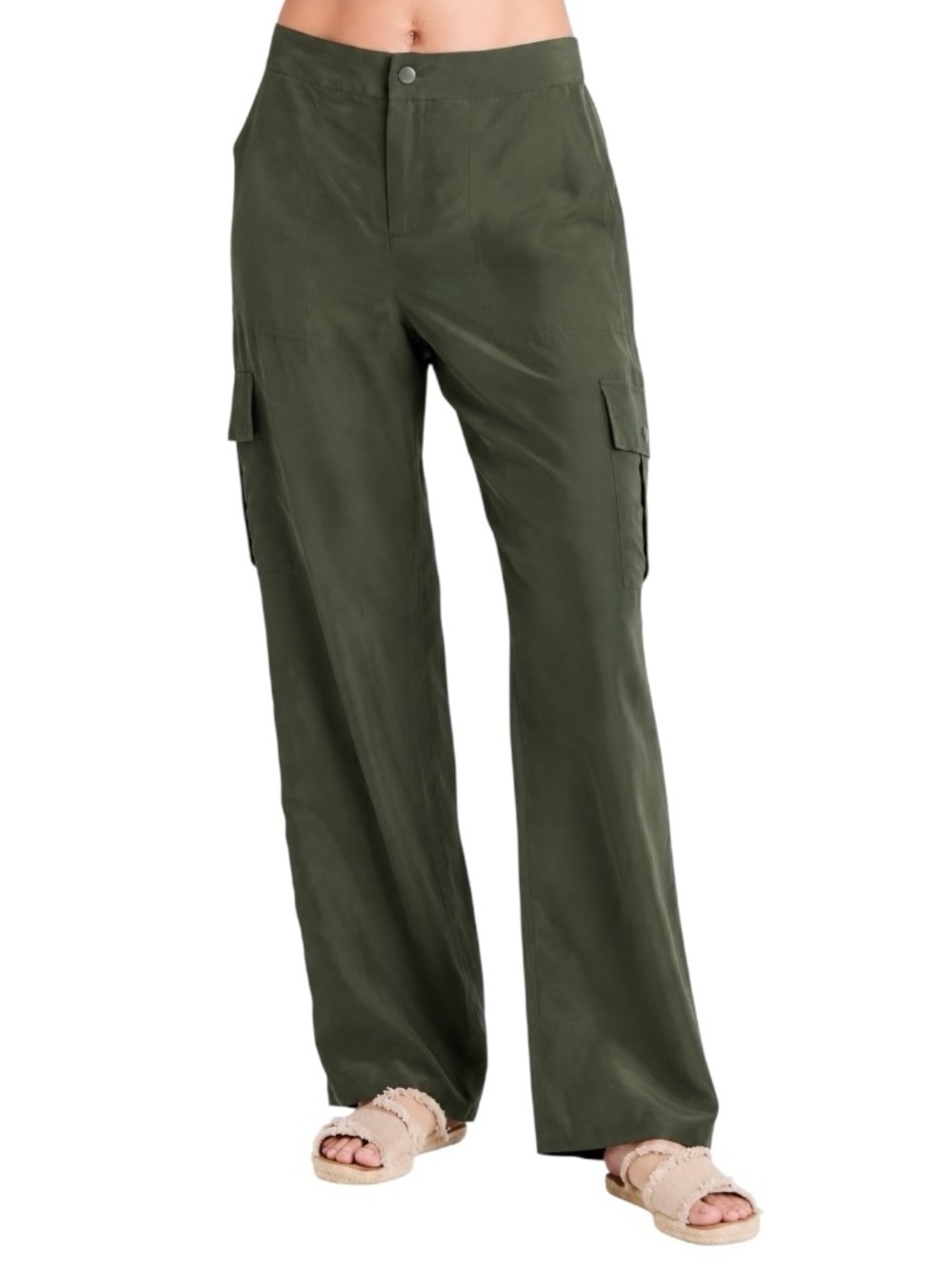 Go By Go Silk 100% Silk Olive Green Cargo Pants Wide Leg Utility Size M